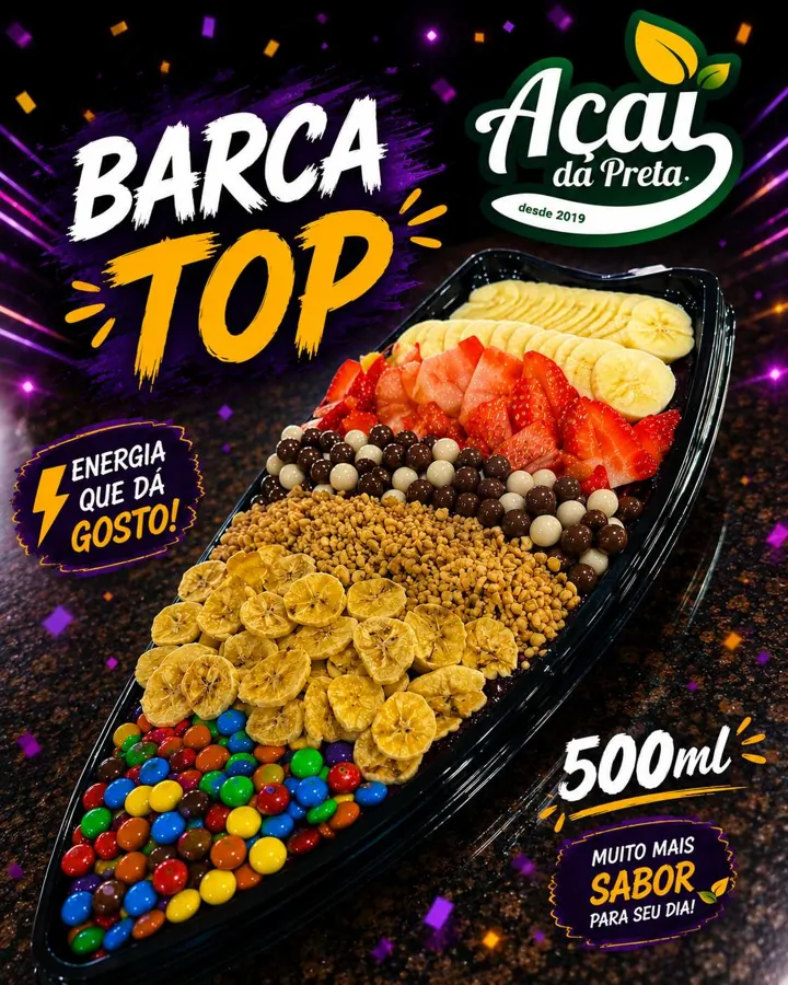 Barca de açaí de 500 ml com banana, confetes e creme