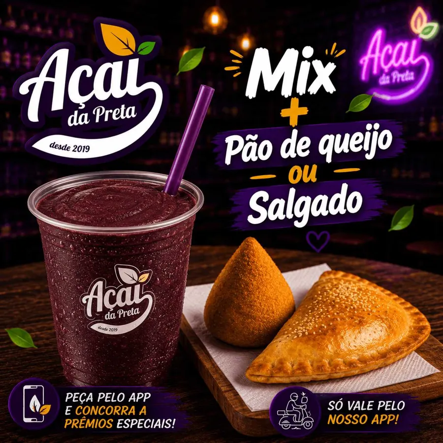 Mix de açaí no copo com pão de queijo e salgado